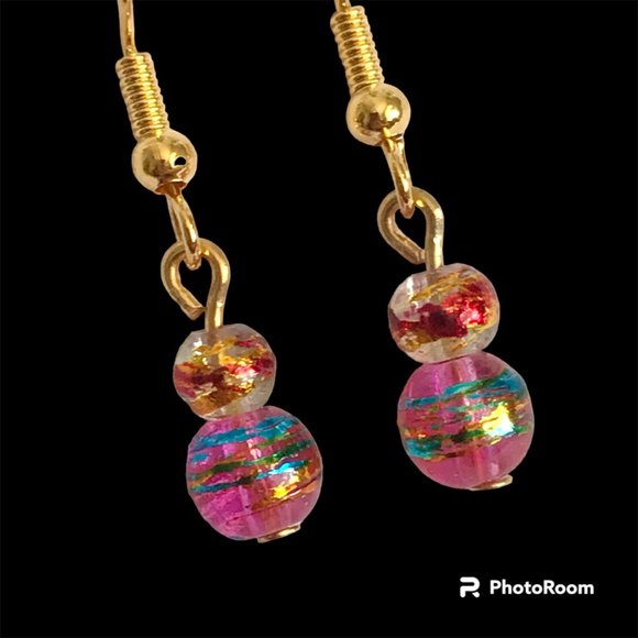 Pink Aqua Blue Murano Glass Earrings Bead Hand Painted Round Gold Plated Dangle - Picture 3 of 13